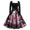 Vintage Long Sleeve Square Neck Halloween Party Dress with Printed Skirt and Waist Tie Retro Style Midi Dress for Women