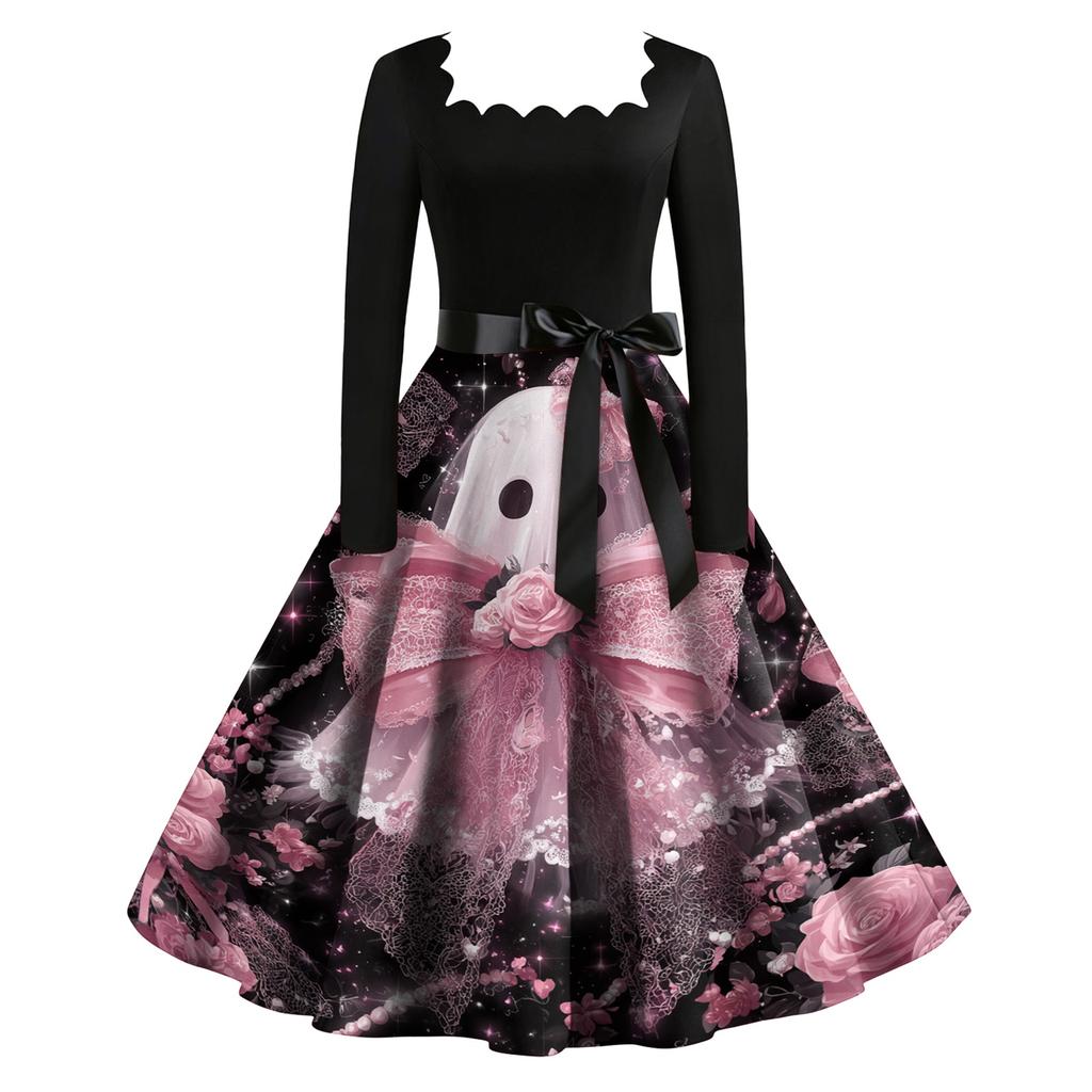 Vintage Long Sleeve Square Neck Halloween Party Dress with Printed Skirt and Waist Tie Retro Style Midi Dress for Women