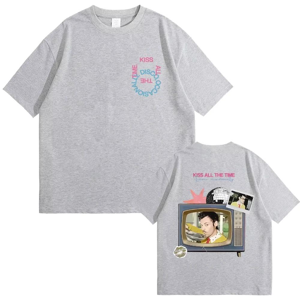 Black Oversized Cotton T-Shirt Featuring Harry Styles Retro TV Collage, "Kiss All The Time" Quote & Disco Ball Print for Devoted Fans