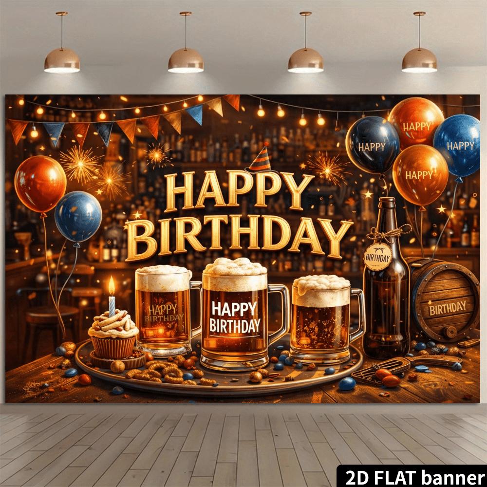 3D flat bar style beer birthday background with beer cups, cupcakes, and balloon decorations