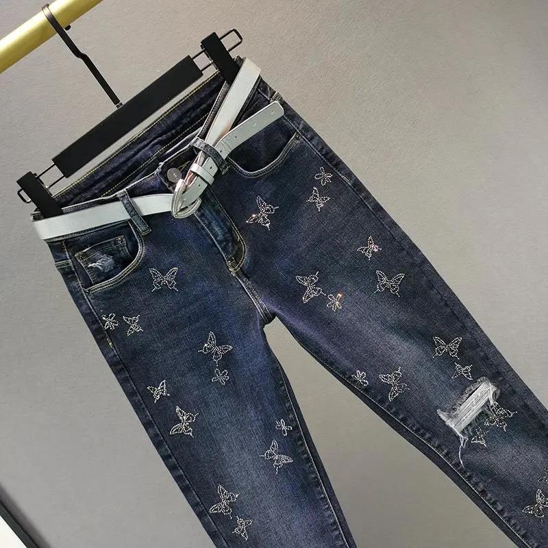 Spring Summer Fashion Harem Denim Pants Female Korean Version Elastic Rhinestones High Waist Jeans Pencil Pants