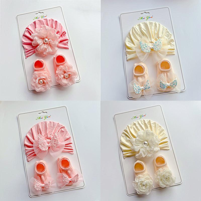 Цветок Детская Шапка-Тюрбан Носки Комплект Кружево Бант Новорожденный Индийская Шляпа Однотонный Хлопок Детские Носки-Следки Детский Головной Убор Аксессуары для Волос