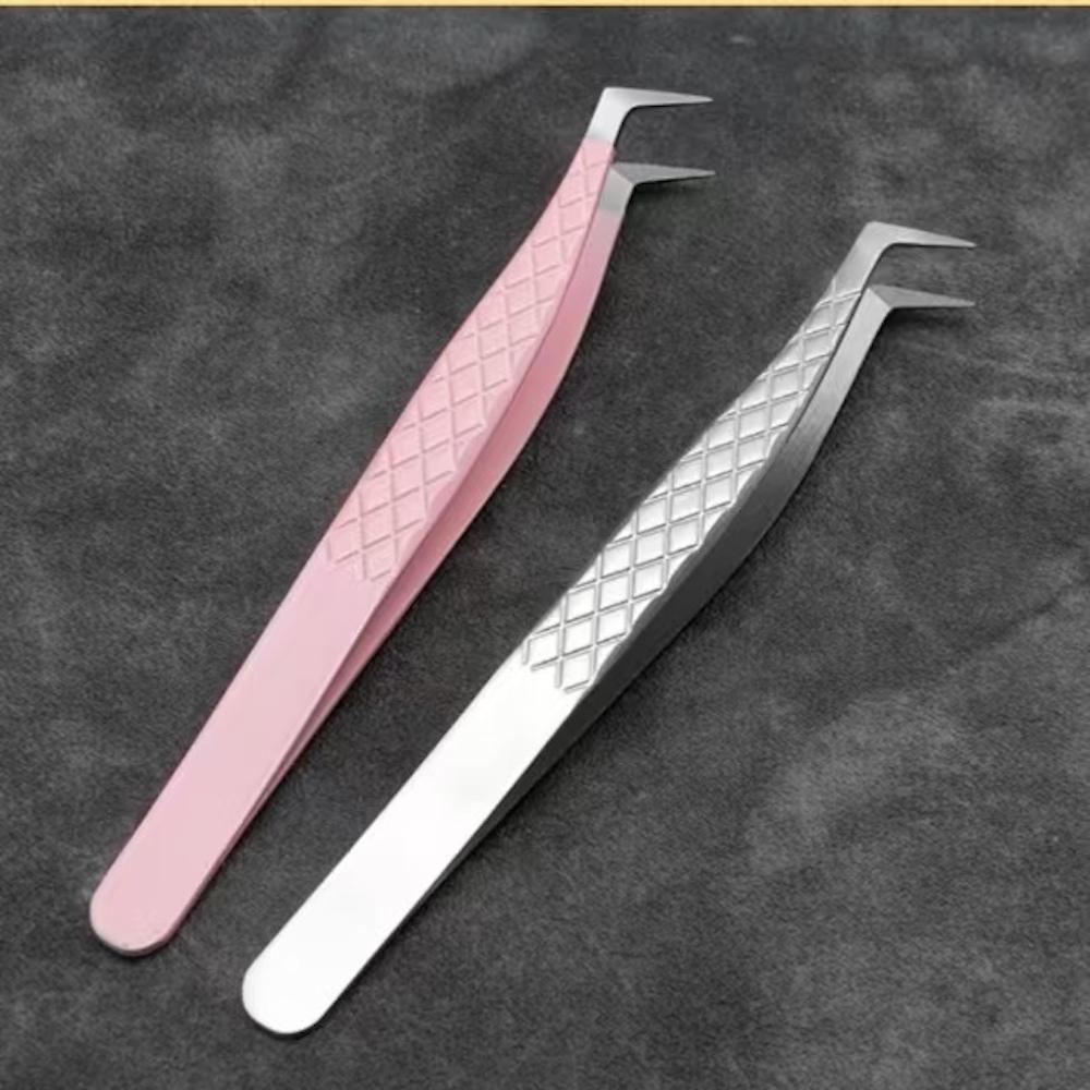Stainless Steel Private Label Volume Eyelash Extensions Custom Pink Silver Fiber Tip Lash Tweezers