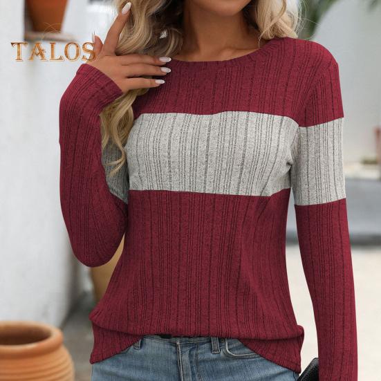 Женские топы с круглым вырезом и длинным рукавом, цветные ребристые трикотажные топы свободного кроя, повседневные свитера, повседневная одежда