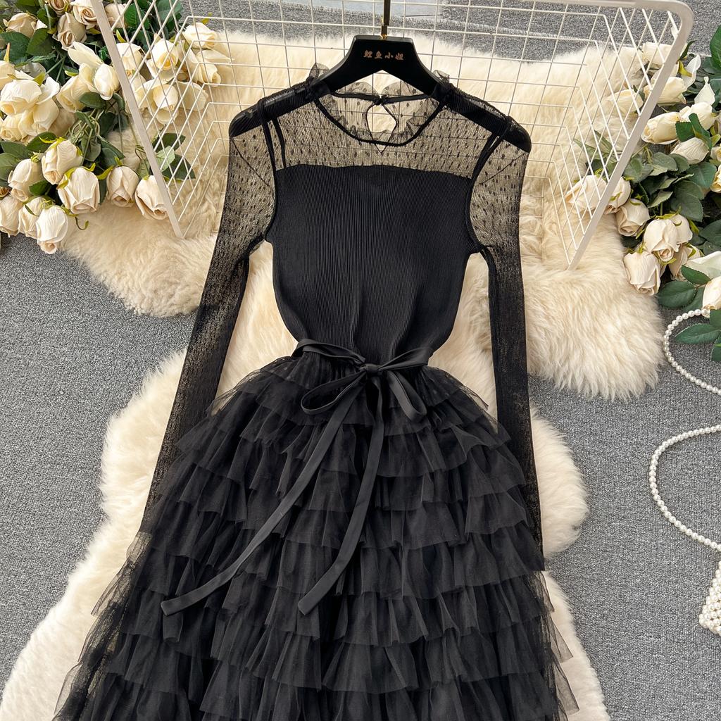 Зима Осень Элегантное Женское Кружевное Сетчатое Ажурное Лоскутное Платье Повседневное Женское Платье А-силуэта С Оборками Вечернее Платье-Торт