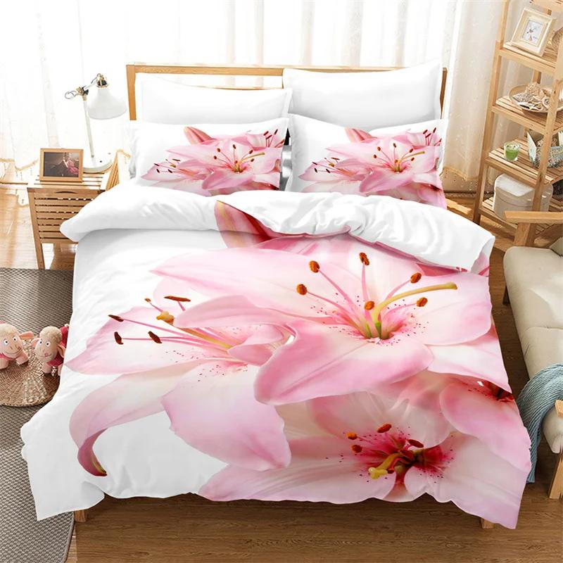Lily Duvet Cover Set for Single Double Bed Pink Flower Quilt Cover King Size Bedding Set 2PCS 3PCS with Pillowcase Full Twin New