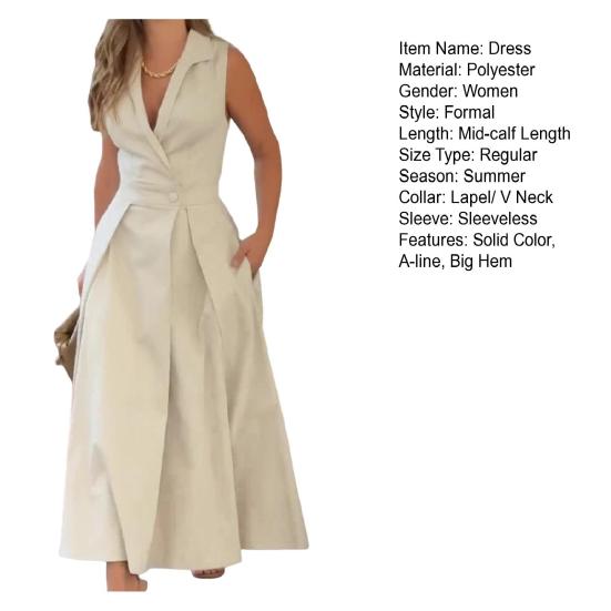 Летнее женское платье трапециевидной формы с глубоким V-образным вырезом и лацканами без рукавов, с большим подолом, плиссированными боковыми карманами, чистый цвет, официальное платье миди для делового офиса