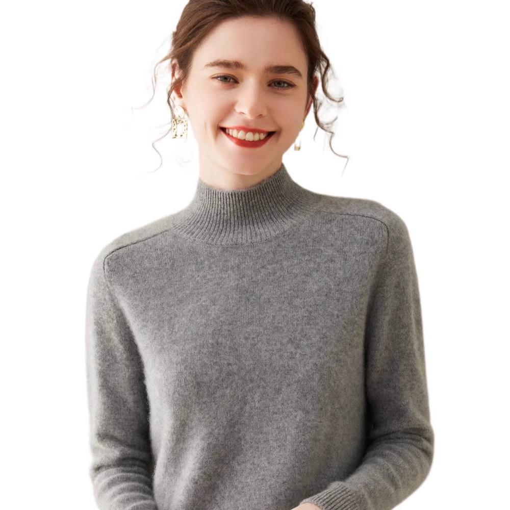 Women's Cashmere Half High-Neck Sweater - Autumn/Winter, Thickened, Solid Color, Loose Saddle Shoulder Knit.