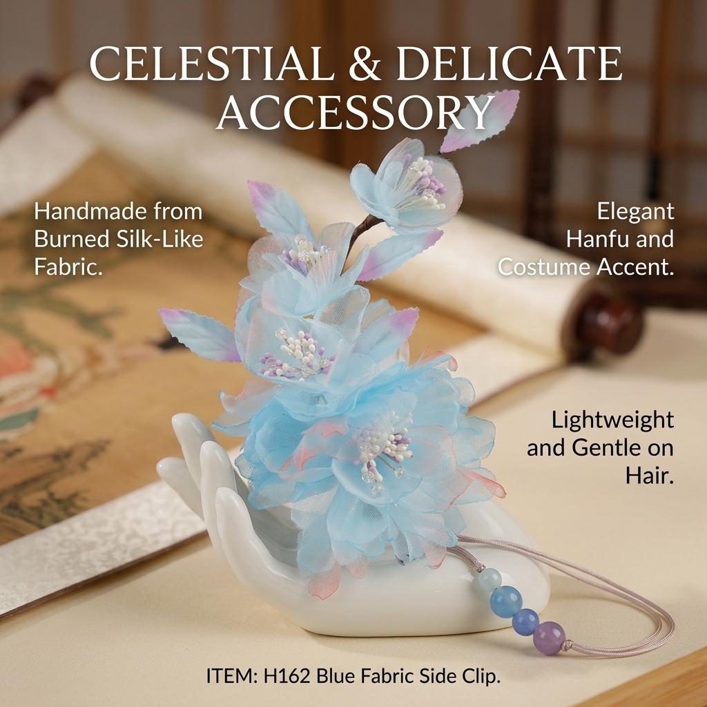 Vintage Blue Floral Hair Clip For Hanfu Lightweight Alloy Hair Accessory With Anti-Slip Design