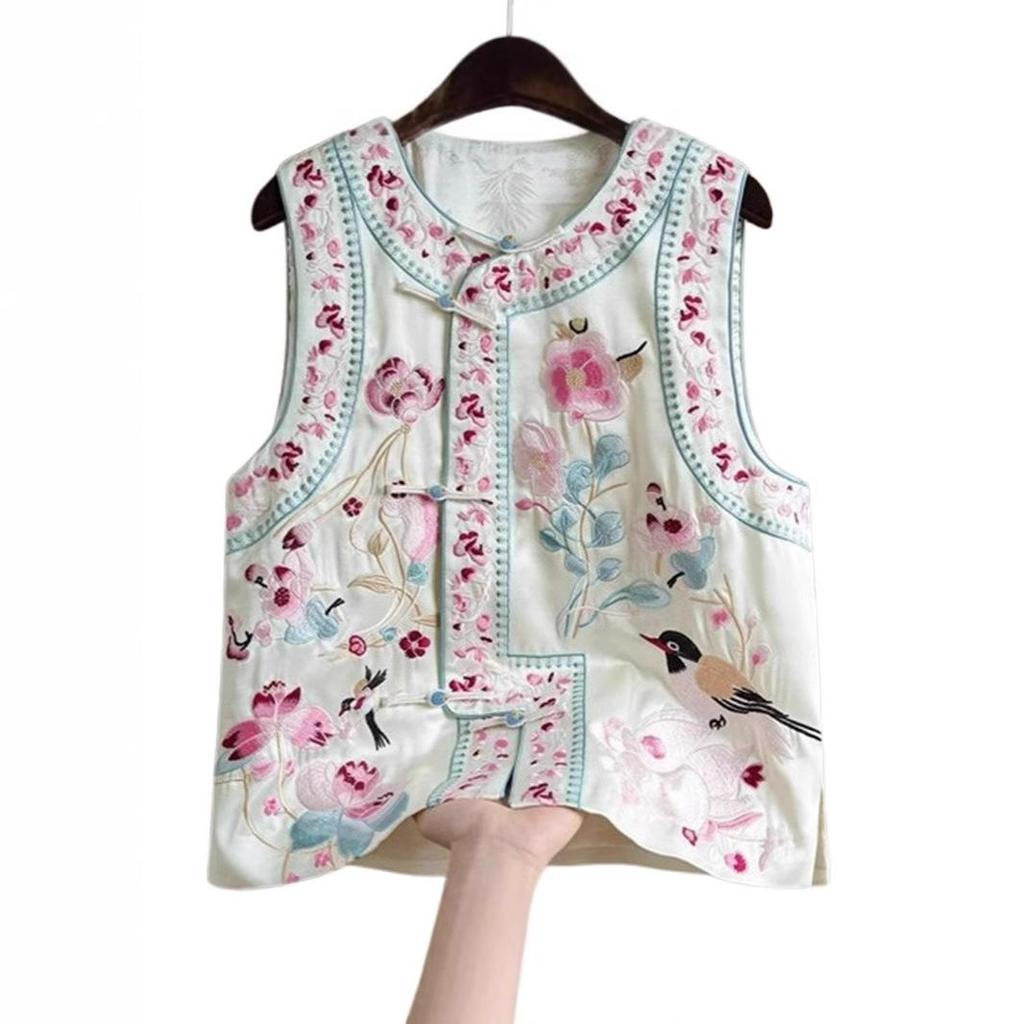 Женский ретро кардиган без рукавов: Китайский стиль с обильной вышивкой и застежкой-лягушкой - Универсальный весенне-осенний жилет