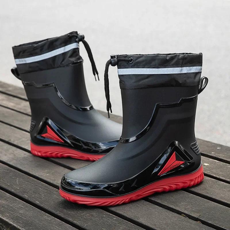 Men's Waterproof Anti-slip Rain Boots Outdoor Fishing Boots New Rain Boots Men's Rubber Shoes with Velvet To Keep Warm In Winter