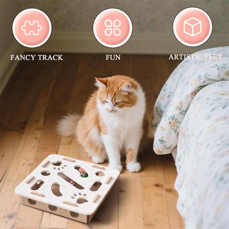 Felt Cat Toy Maze Box Interactive Puzzle Game With 2 Balls For Indoor Cats Hunting Exercise Self Play Scratch Resistant Fun