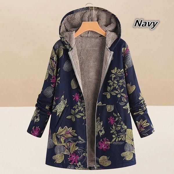 Женское пальто с капюшоном и принтом в виде листьев, винтажная куртка с длинным рукавом и цветочным принтом, зимняя утепленная верхняя одежда больших размеров S-5XL