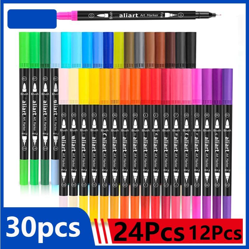 12/24/30pcs Dual Brush Art Markers, Artists Fine and Brush Tip Pen Coloring Markers for Kids Adult Coloring Art Craft Supplies Kit