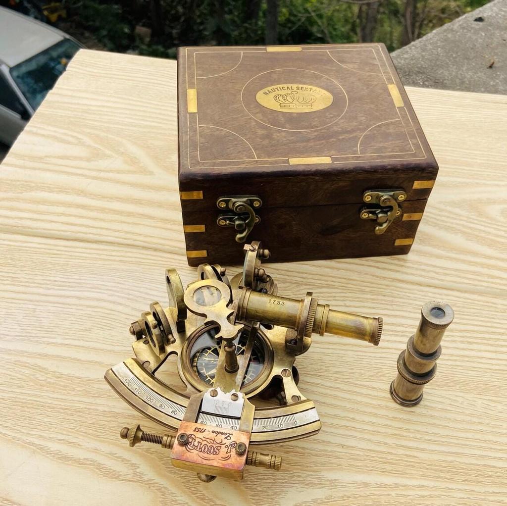 Brass Sextant Compass W Wooden Box Vintage Solid Antique Nautical Sailing Maritime Marine Navy Functional Gift Decoration Christmas Present
