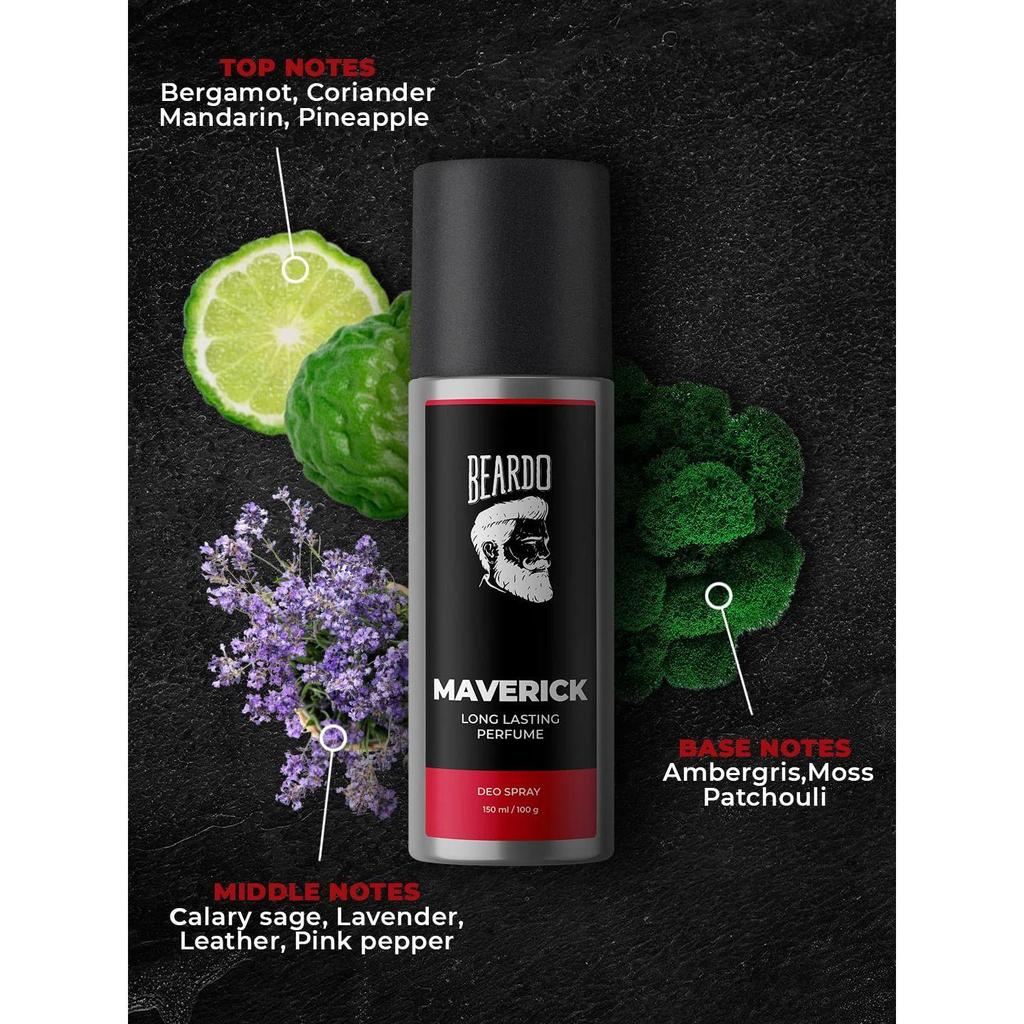 Парфюмированный спрей для тела Beardo для мужчин - MAVERICK | Ароматическая свежесть | No Gas Deo для мужчин | Стойкий дезодорант для мужчин | Подарок для мужчин, 150мл