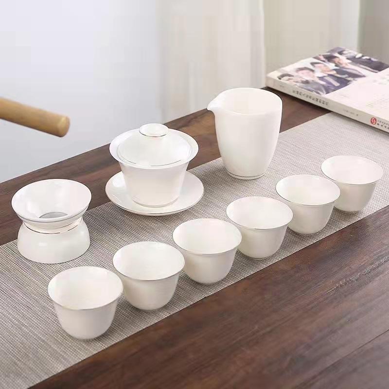 Suet jade kung fu tea set ceramic cover bowl teacup white porcelain brewing teapot tea set annual meeting gift set printing