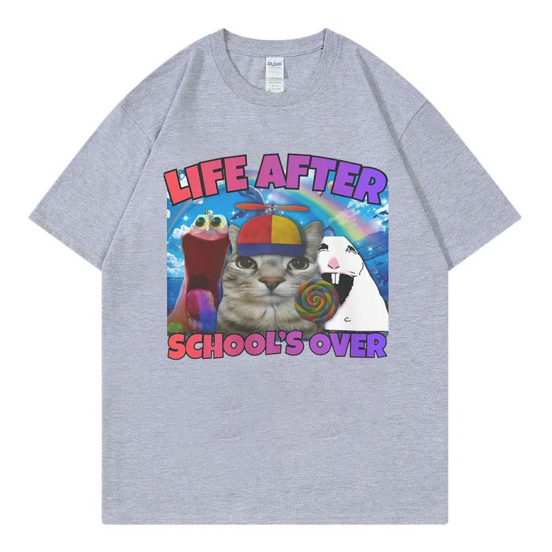 Life After Schools Over Funny Cat Meme T Shirt Harajuku Y2k Style Short Sleeve Tshirt Unisex Unisex Casual Fashion Loose Tshirts