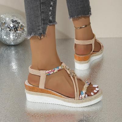 Летние женские сандалии 2025 года, сандалии в богемном стиле с цветочным принтом, сандалии на танкетке с толстой подошвой, с завышенной платформой, эластичный ремешок, открытый носок, полые женские сандалии