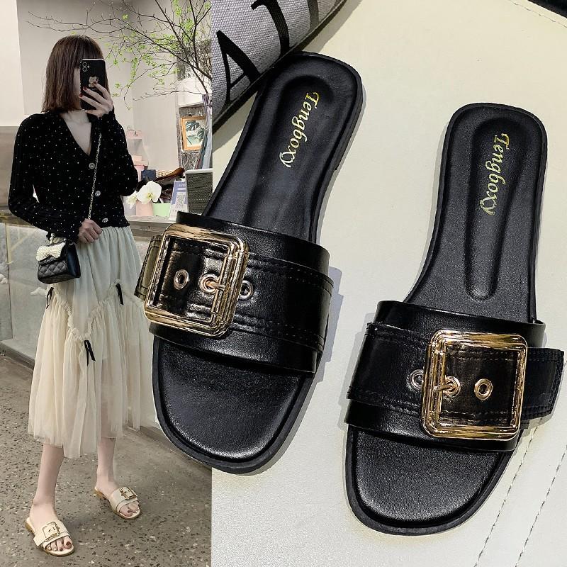 Slippers Women's Summer Is Good To Wear Square Buckles, One-word Drag Women's Flat-bottomed Sandals Are Fashionable and Casual