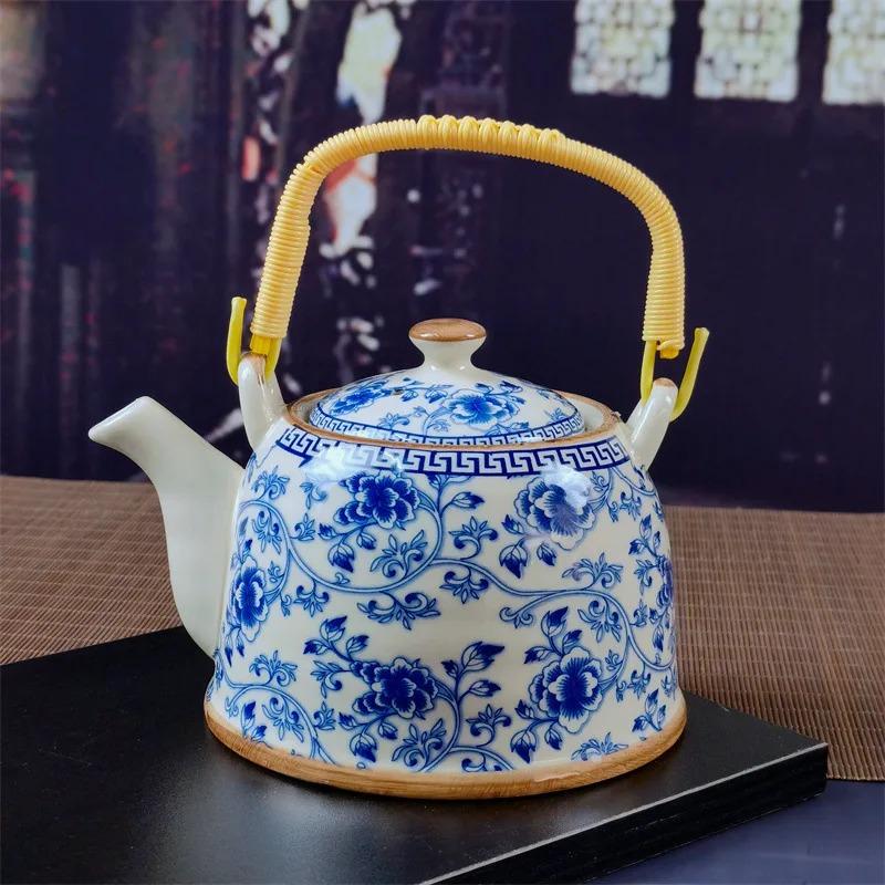 Бытовой фарфоровый чайник, керамический большой вместительный горшок для прохладной воды, большой синий и белый фарфоровый горшок с петлевой ручкой в ​​стиле ретро