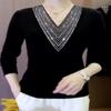 Осенне-зимняя утолщенная теплая нижняя рубашка, женская футболка с длинными рукавами и v-образным вырезом, горячая бриллиантовая футболка, повседневный модный топ XL-6XL