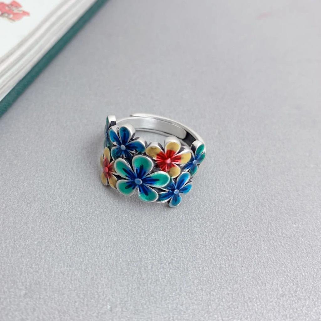 Ретро китайское кольцо клуазоне с цветком для женщин, панк, готика, винтажное открытое кольцо, ручная работа, дизайнерское, циркон, унисекс аксессуары