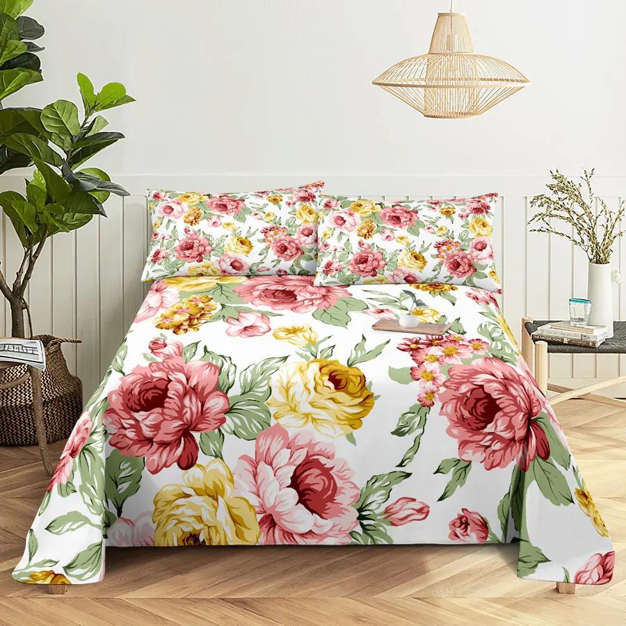 Pink Floral Bed Sheet Set Pillowcase Bedding Linens Cover Flower Queen King Twin Full Size for Single Double Bed Soft Thin