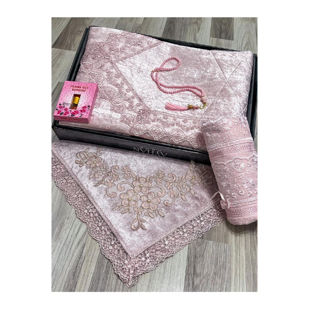 5 Piece Prayer Mat Set, Dowry Bundle Boxed, Velvet Laced Bride And Groom Set