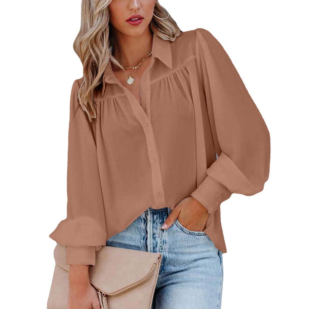Women's Long Sleeve Ruched Stand Collar Lantern Sleeve Shirt