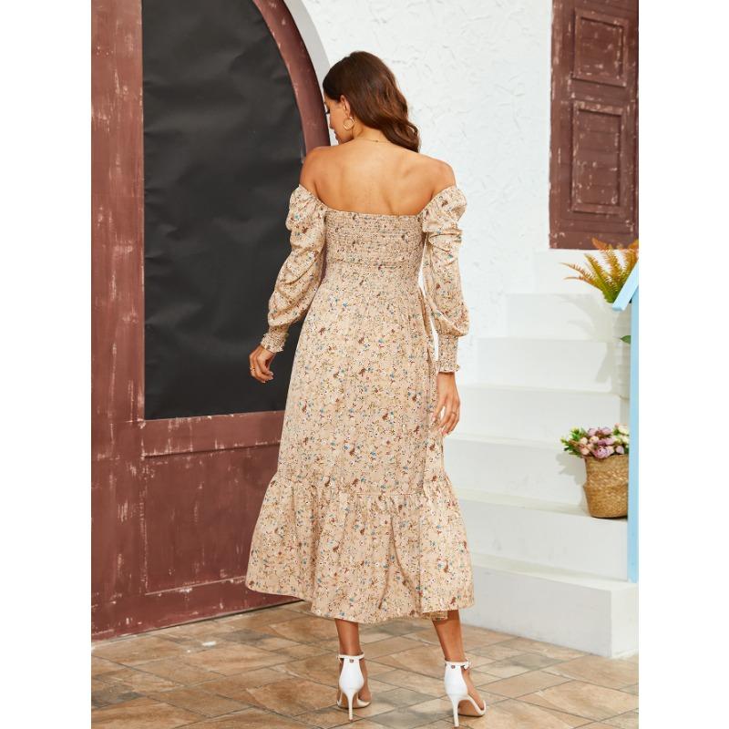 YYFS Women's Fashion Spring Fall Flower Pattern Print Long Sleeve Square Collar High Waist Casual Dresses