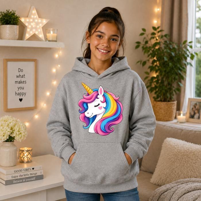 Sweat à Capuche Enfant Fille - Motif Licorne Arc-en-ciel - 3 à 14 Ans - Gris