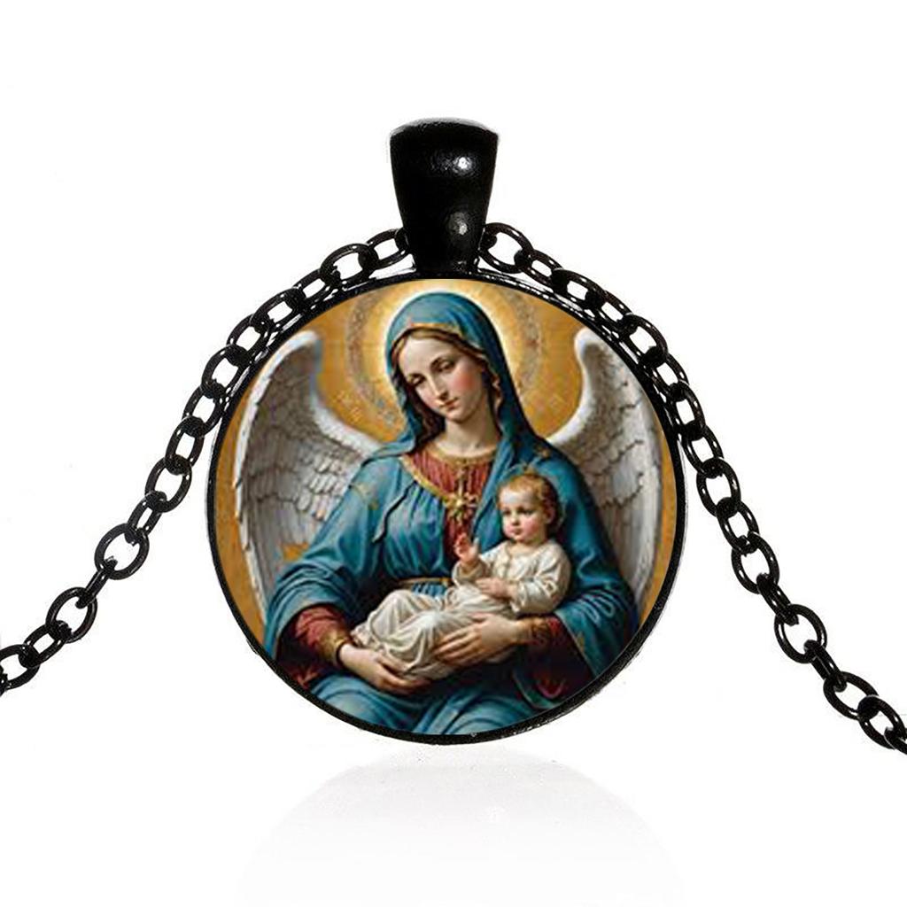 Virgin Mary Mother of Jesus Pendant Necklace, Christian Time Gem Pendant