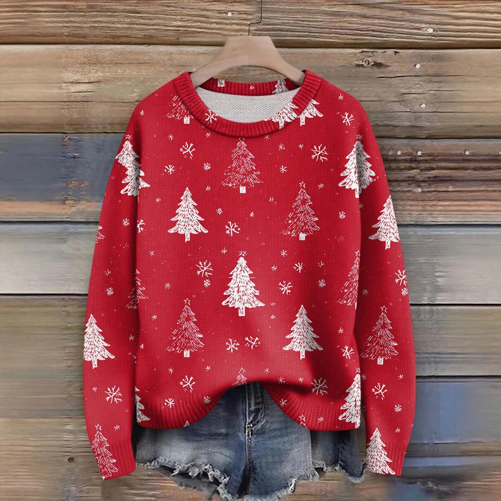 Пуловеры с длинным рукавом для женщин, с круглым вырезом, повседневные, милые, с принтом, вязаные, оверсайз