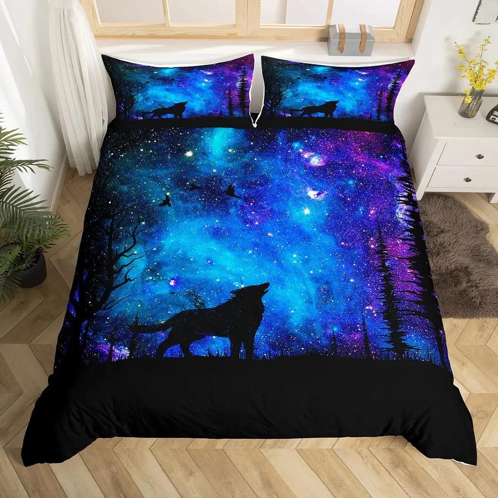 Boys Wolf Duvet Cover Set Queen Size Boho Wolf Wildlife Animal Bedding Set Men Galaxy Dream Catcher Moon Polyester Quilt Cover