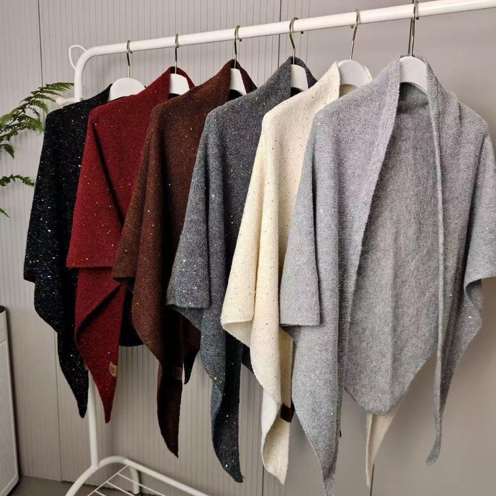 High End Woolen Shawl Winter Warm Mongolian Poncho Women Fashion Sequin Triangular Scarf