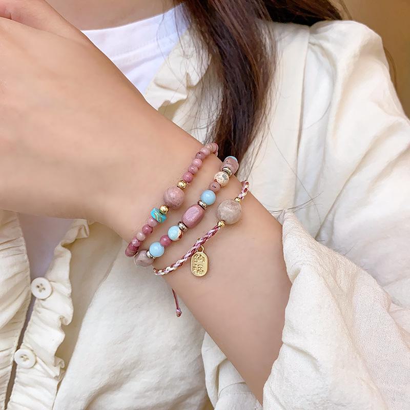 Chinese Style Strawberry Chalcedony Beaded Bracelet for Women - Girlfriend Gift Hand Jewelry