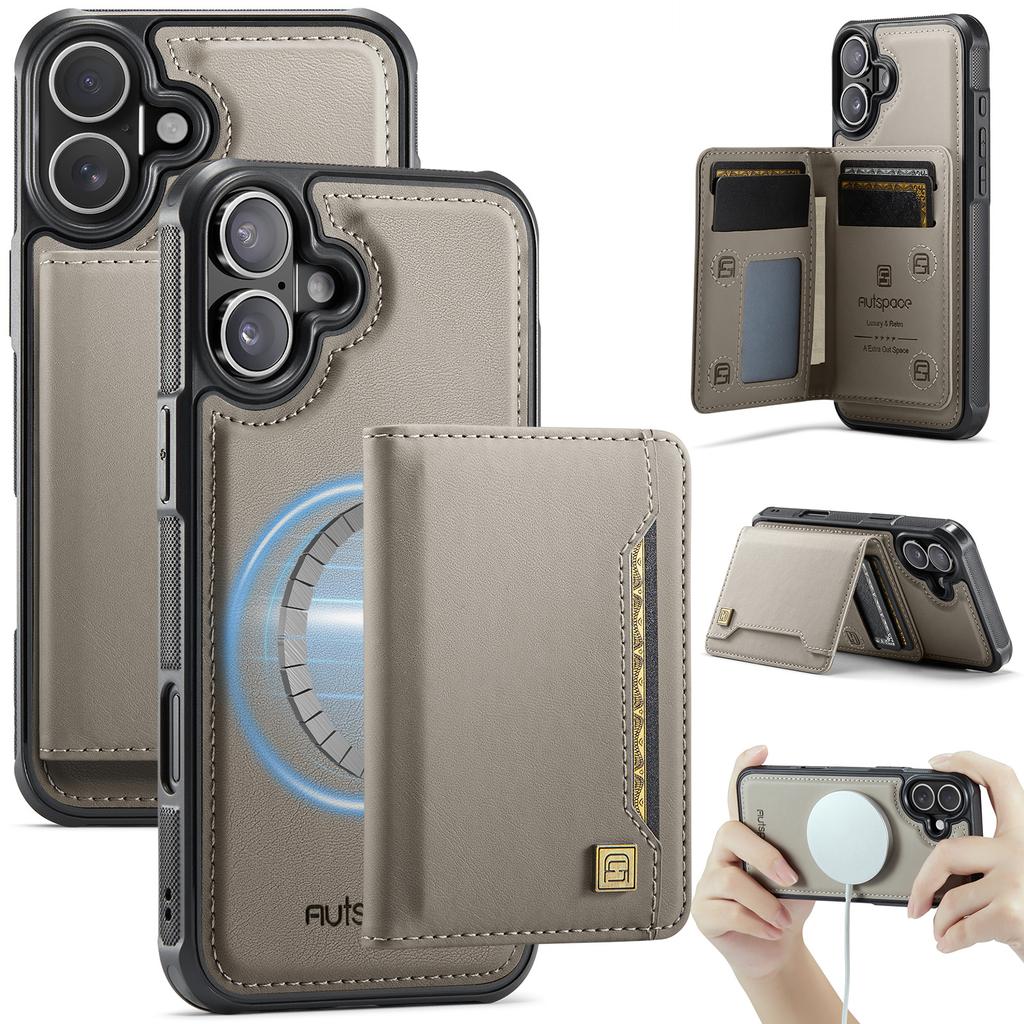 Чехол для iPhone 16 Plus AUTSPACE A13 Винтажная кожаная задняя крышка со съемным магнитным карманом для карт