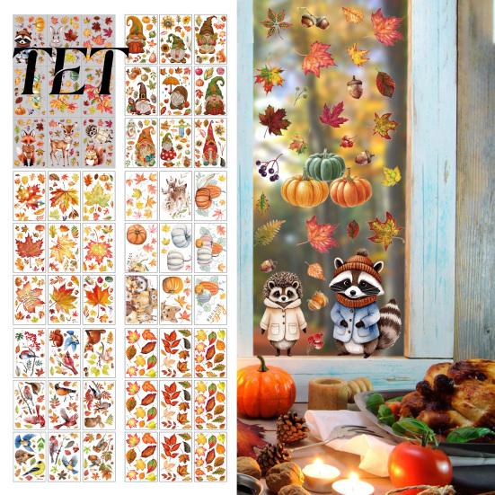Removable Maple Leaf Decals 9 Sheets Fall Woodland Animals Window Clings, Autumn Pumpkin Scene Layout Supplies Squirrel Fox Rabbit Glass Sticker, Anti