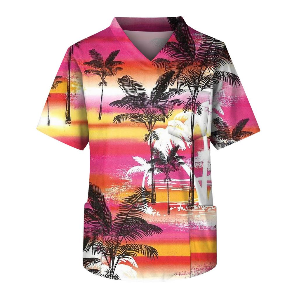 Men's Short Sleeve V-Neck Summer Print Chest Pocket Care Worker Top