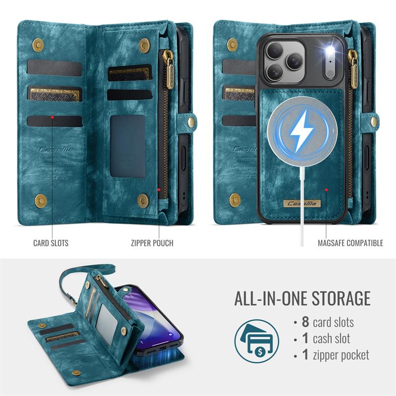 CaseMe Магнитный кожаный чехол-книжка для телефона iPhone 17 Pro Max 17 Air 16 16E 15 Plus 14 13 12 11 XS X XR SE 2022 Кошелек на молнии Задняя крышка с держателем для карт Coque
