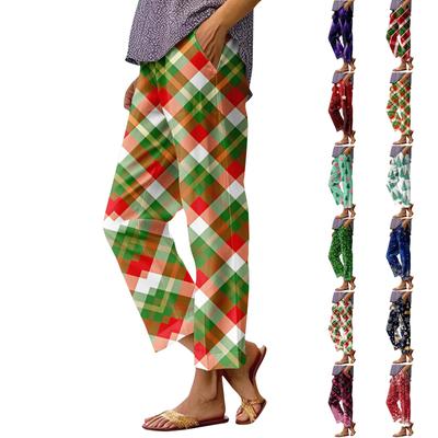 Женские модные повседневные брюки с прямыми карманами и эластичной талией с рождественским принтом