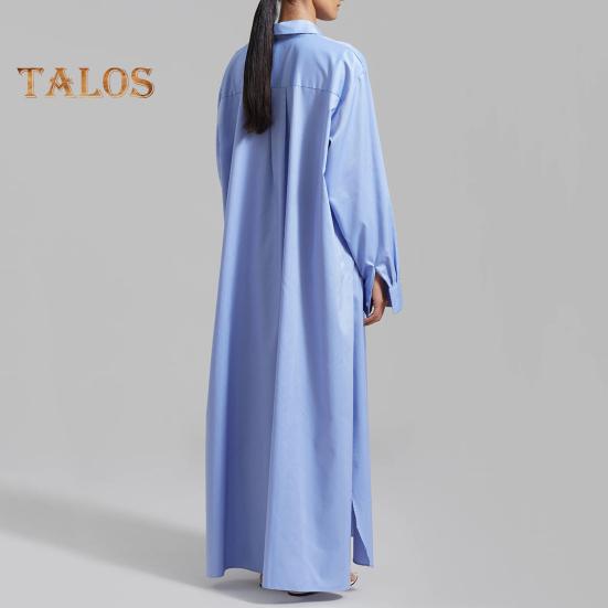 Women Shirt Dress Lapel Long Sleeve Side Slit Design Casual Shirt Solid Color Buttons Closure Maxi Dress Daily Wear