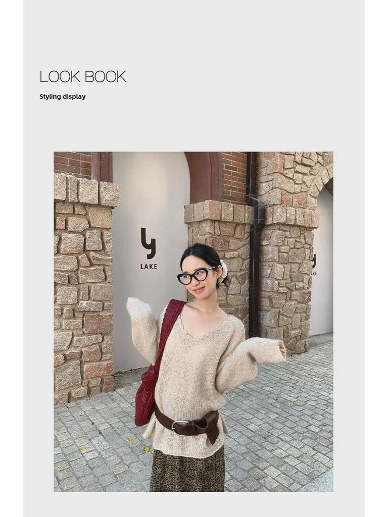 NEWOPEN 2024 Зимний женский свободный свитер-пуловер с V-образным вырезом в корейском стиле для поездок на работу, F2335