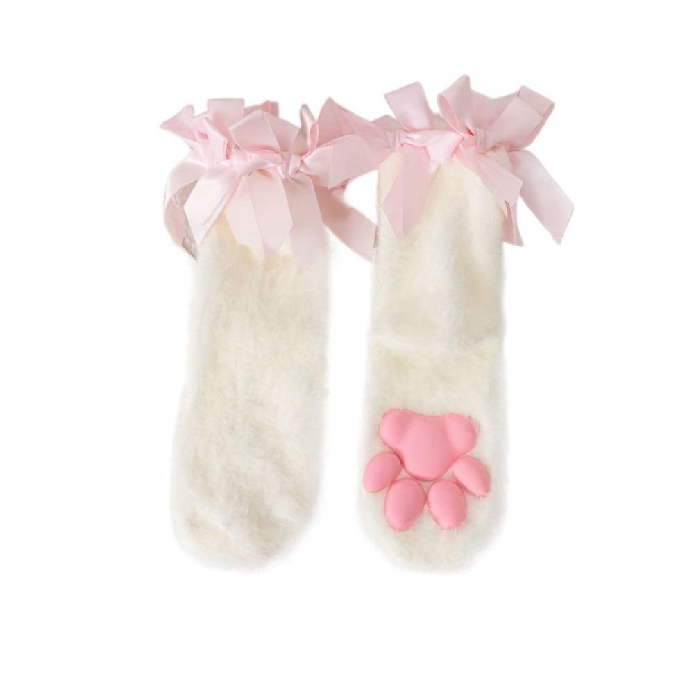 Coral Velvet Cat Paw Plush Socks Paw Pads Bowknot Warm Socks Y2k 3D Cat Paw Socks  Gift