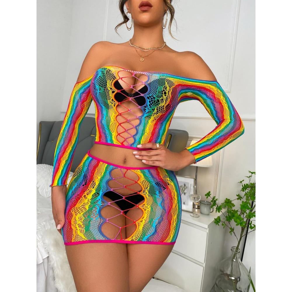 Sexy Rainbow Color Net Clothing Wholesale Dress Bodystocking Ploe Dancewear Lingerie