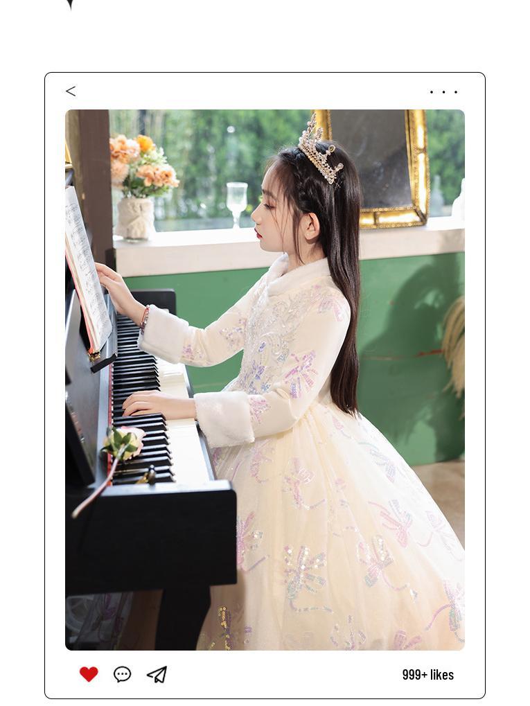 Осенне-зимнее утолщенное платье принцессы на день рождения для девочек - платье для девочки-цветочницы, ведущей свадьбы, костюм для выступления на фортепиано