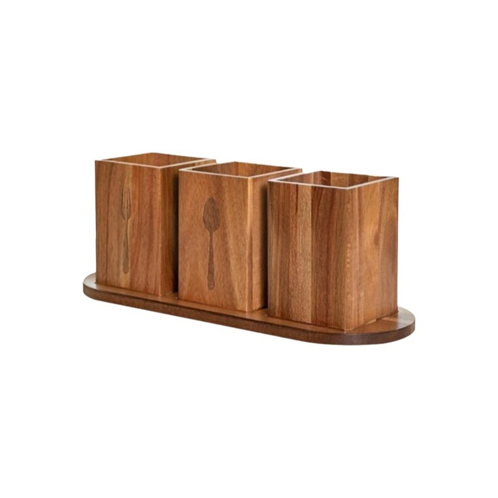 Space Saving 3 Compartment Cutlery Holder Wooden Flatware Organizer Farmhouse