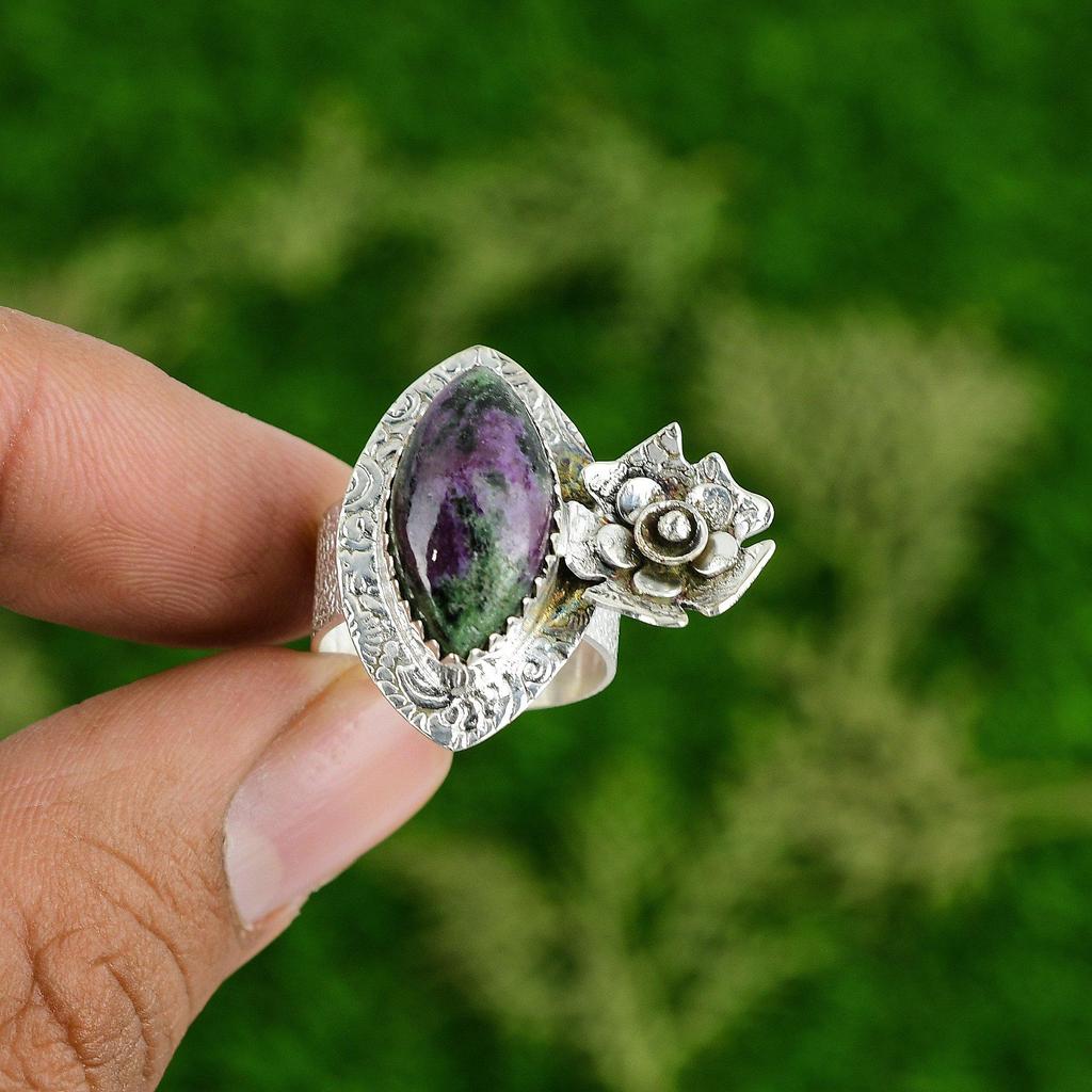 Natural Ruby Zoisite Gemstone 925 Silver Statement Flower Ring Size 7 For Women