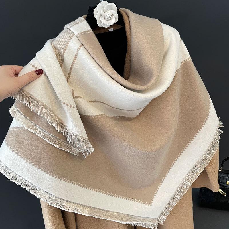 Autumn and Winter New Geometric Jacquard Square Scarf Women's Double-sided Imitation Cashmere Large Shawl Light Luxury High Sense Thickened Warm Scarf